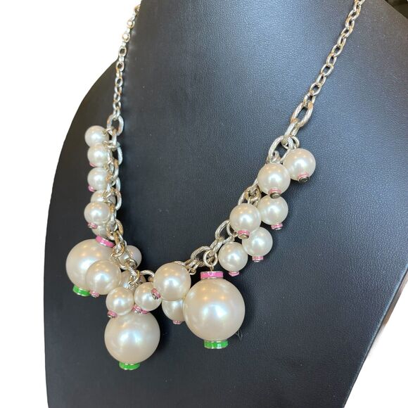 LILLY PULITZER Goodie Good Bauble Pearl Necklace Silver Tone Pink Green 20-22” - Picture 2 of 5